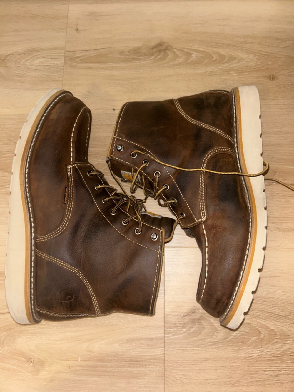 Carhartt Brown Leather Lace-Up Work Boots with White Sole